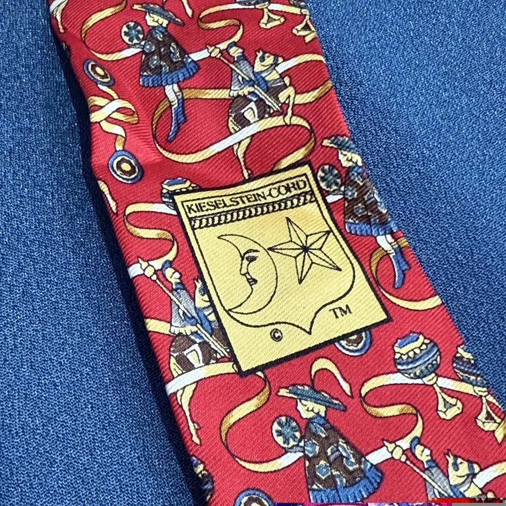 Kieselstein-Cord Silk Tie Red Medieval Musical Instruments Made Italy 4